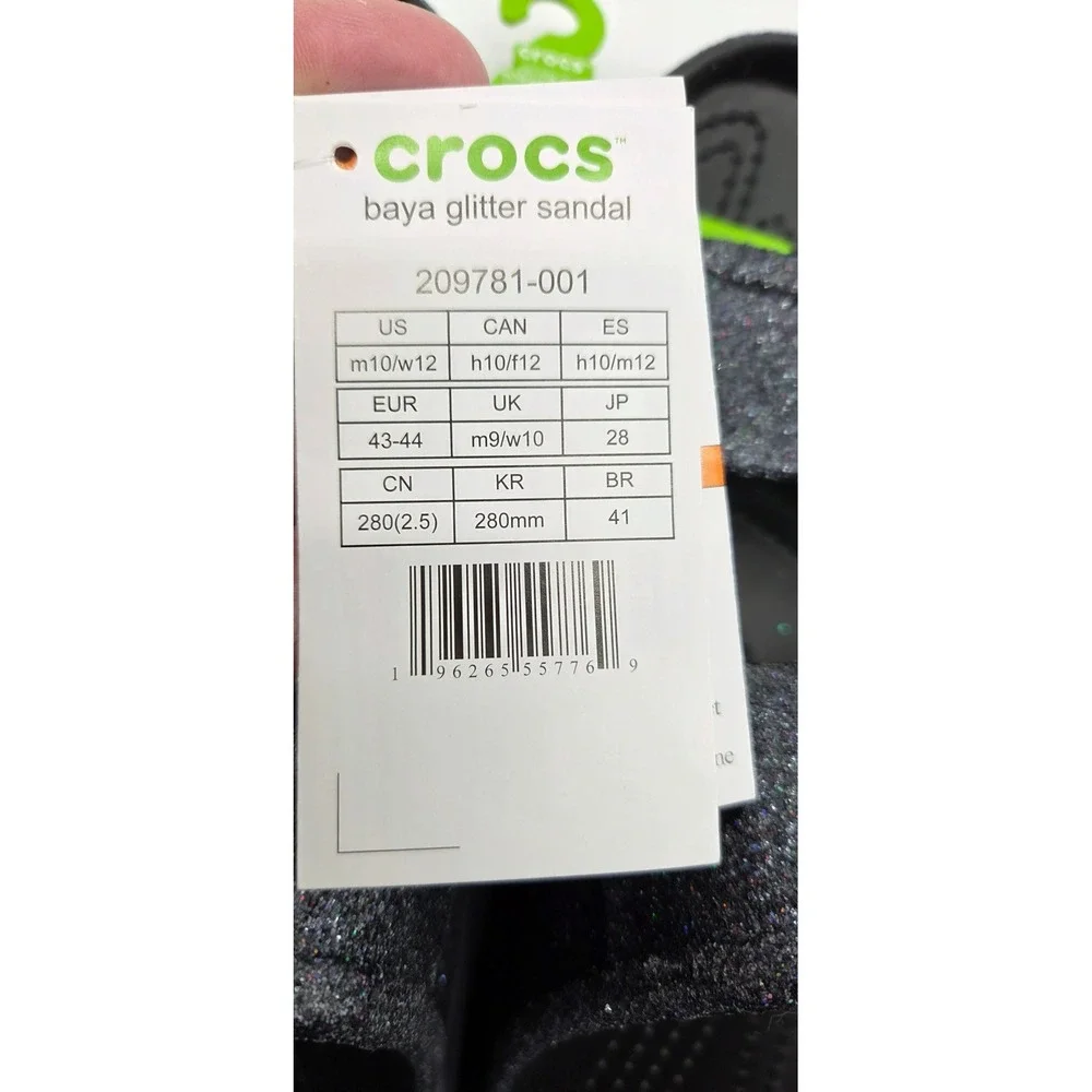 Crocs Baya Glitter Sandal Black Mens 10 Womens 12 Slides 209781-001 NEW
